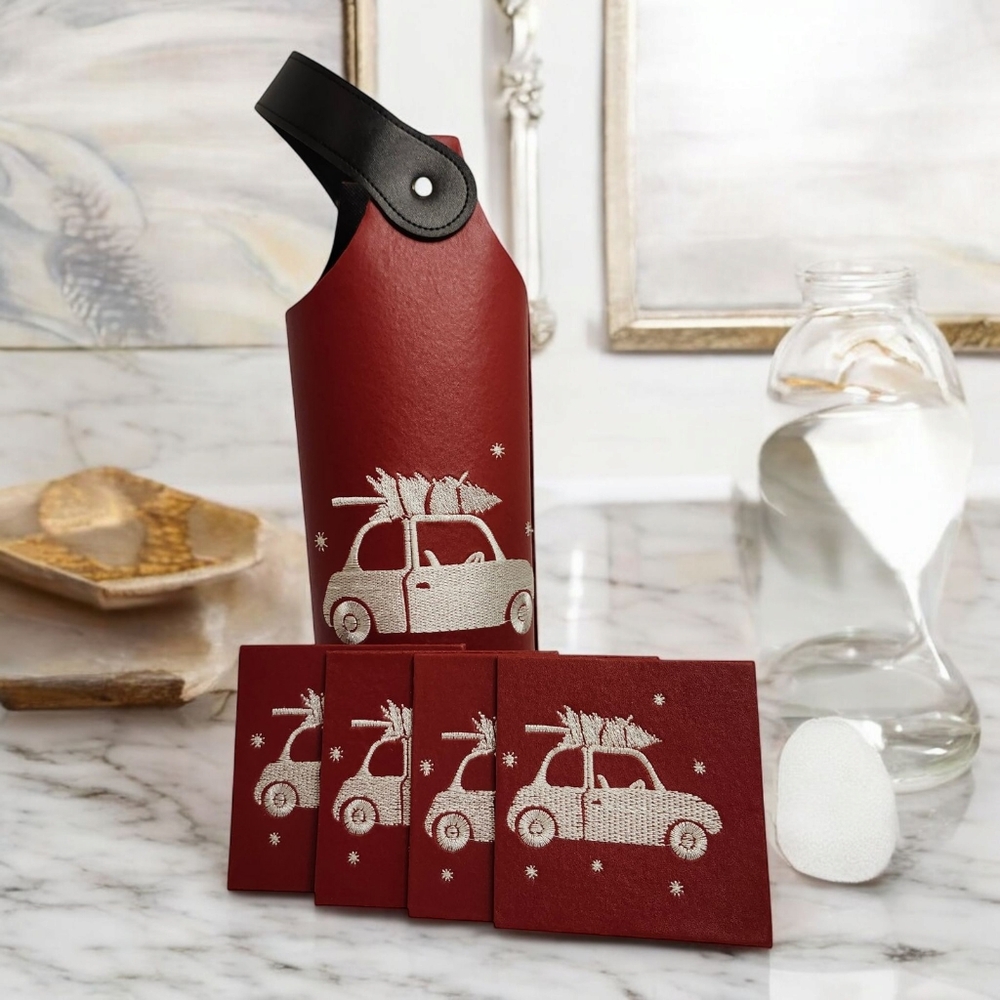 New Christmas Harman Single Carrier Wine Tote 4 Coasters Embroidered Car & Tree